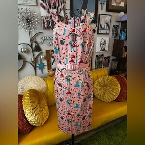 Voodoo Vixen Pink Rockabilly Retro Print Pencil Dress